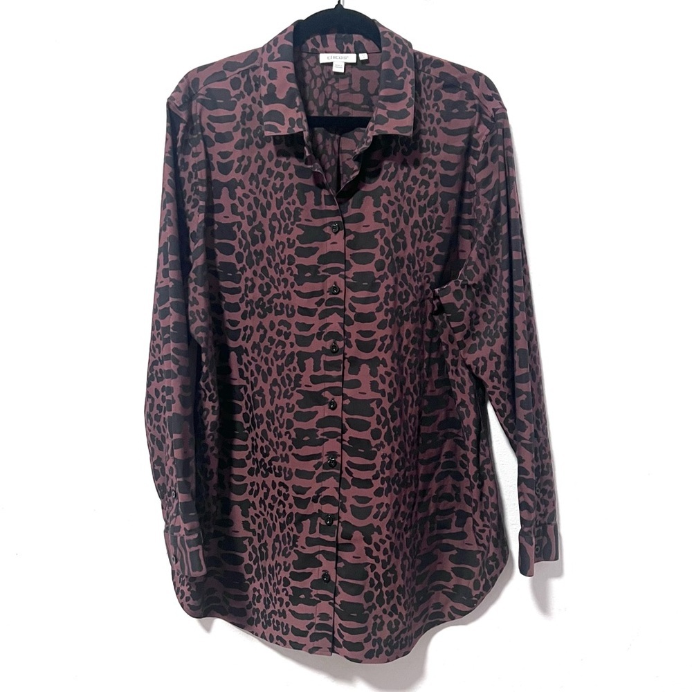Chico's No iron stretch Zs 18 Brown Casual‎ Button Down Animal Print tunic